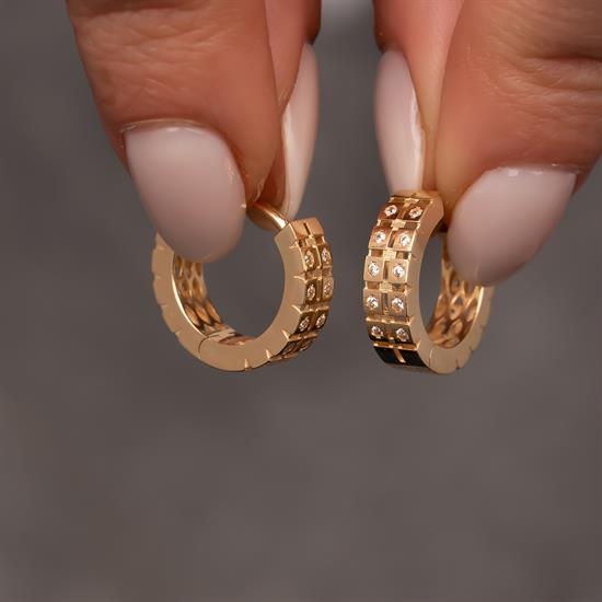 Çift Sıra Taşlı Halka 14 Ayar Küpe 1,5 cm