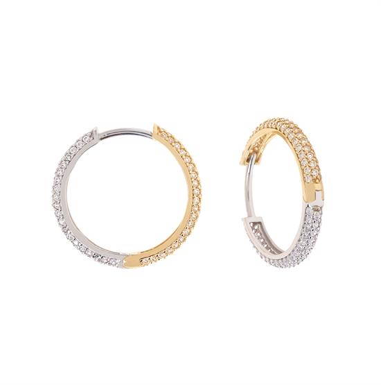 Çift Taraflı Taşlı Sarı Ve Beyaz 14 Ayar Altın Halka Küpe 2 Cm