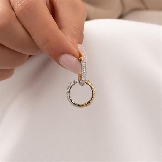 Çift Taraflı Taşlı Sarı Ve Beyaz 14 Ayar Altın Halka Küpe 2 Cm
