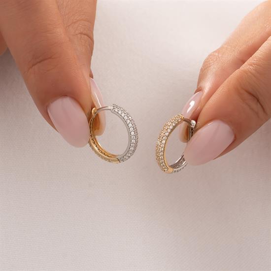 Çift Taraflı Taşlı Sarı Ve Beyaz 14 Ayar Altın Halka Küpe 2 Cm