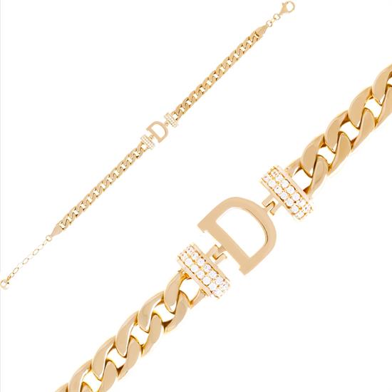 Kenarları Taşlı D Harfli 14 Ayar Altın Bileklik