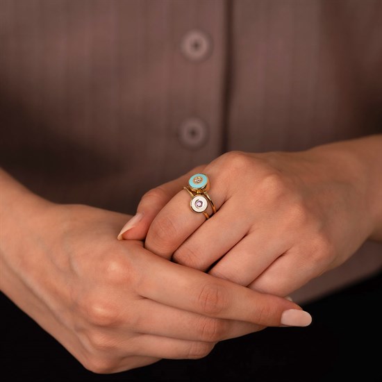 Cetaş Minima Altın Yüzük Turkuaz-Beyaz Mineli 14 Ayar