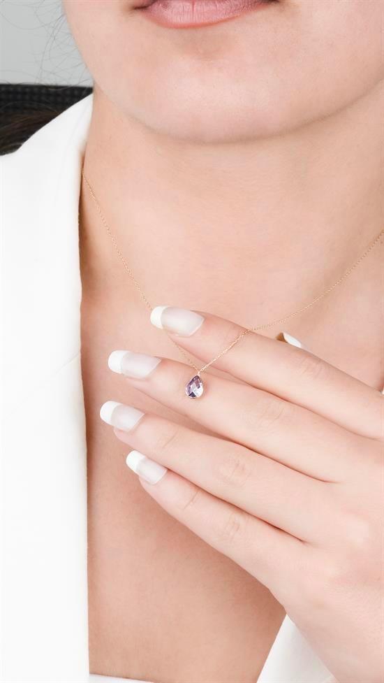 Damla Mor Renk Taşlı Minimal 14 Ayar Altın Kolye 1 Cm