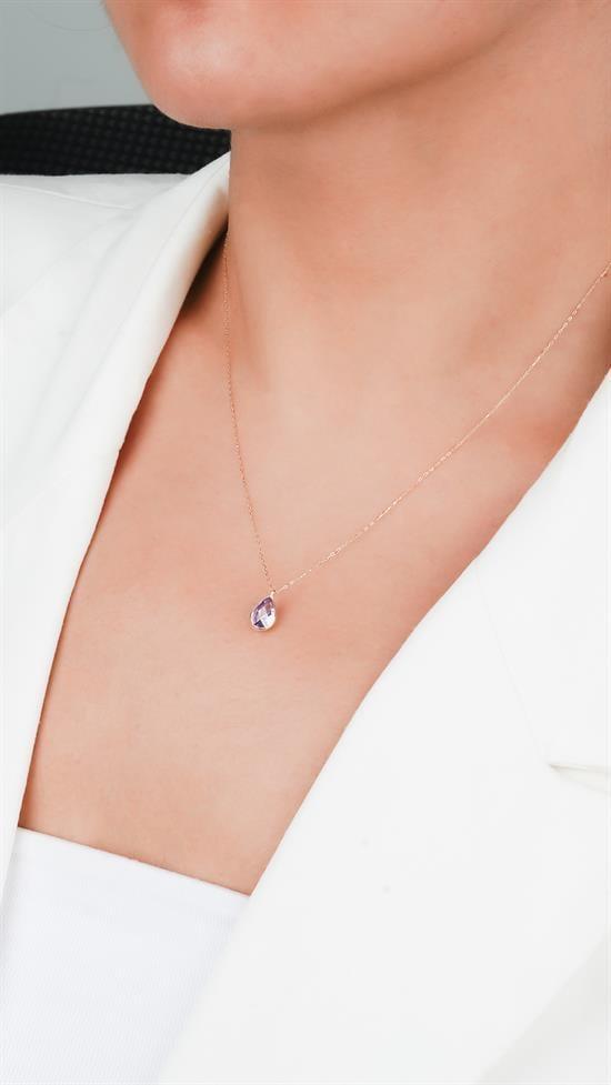 Damla Mor Renk Taşlı Minimal 14 Ayar Altın Kolye 1 Cm