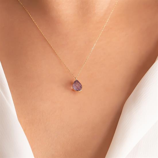 Damla Mor Renk Taşlı Minimal 14 Ayar Altın Kolye 1 Cm