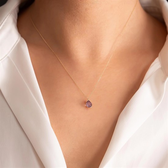 Damla Mor Renk Taşlı Minimal 14 Ayar Altın Kolye 1 Cm
