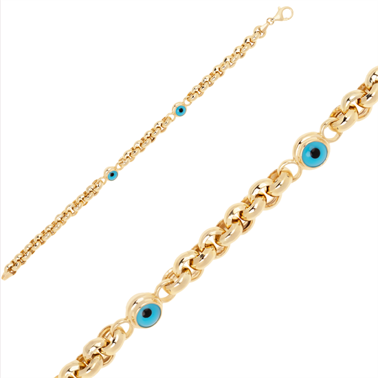 Doç İki Nazar Boncuk Bileklik 14 Ayar Altın