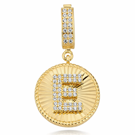 E Harfi Taşlı Yuvarlak 14 Ayar Kolye Ucu