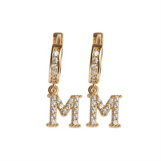 Sallantılı Taşlı M Harfi 14 Ayar Altın Küpe