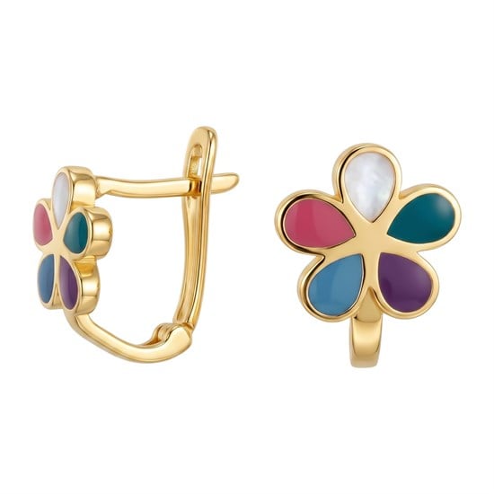 Çiçek Model Renkli Mineli Klips Kilitli Çocuk Küpe 14 Ayar Altın