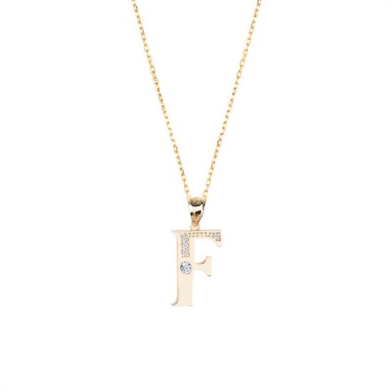 F Harfi Taşlı 14 Ayar Altın Kolye Ucu