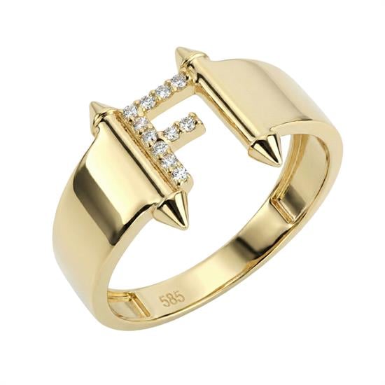 F Harfi Taşlı Yüzük 14 Ayar Altın