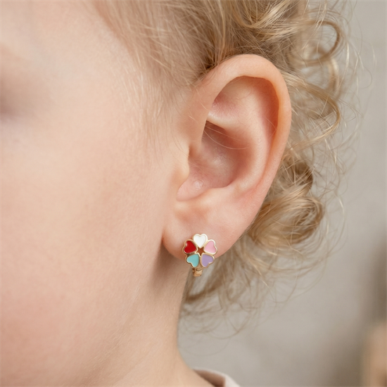 Renkli Mineli Çiçekli Klips Kilitli Küpe 14 Ayar Altın