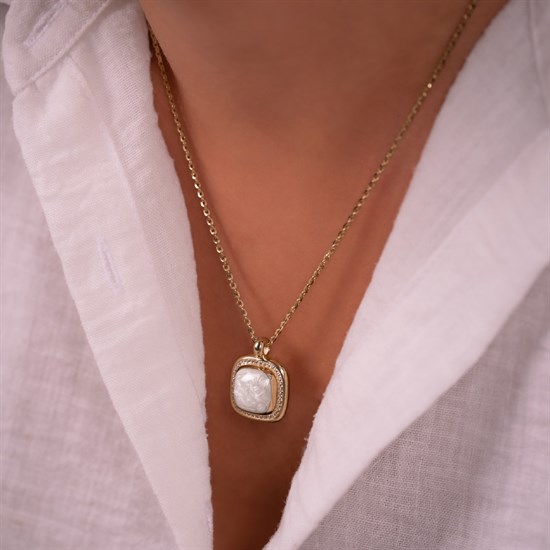 Cetaş Taşlı Sedef Mineli 14 Ayar Altın Kolye