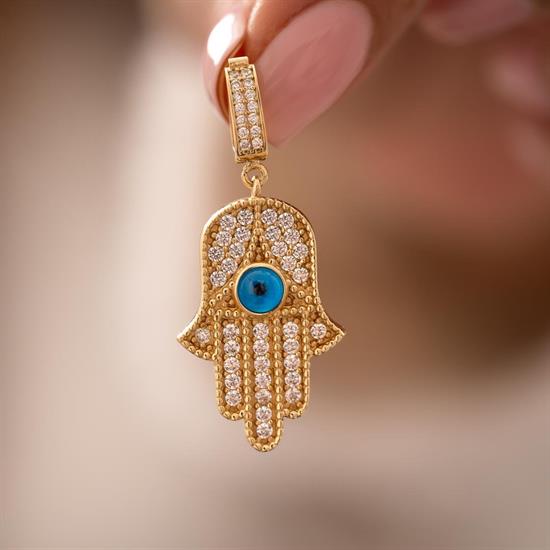 Fatma Ana Eli Nazar Boncuklu Klipsli 14 Ayar Kolye Ucu 4 Cm