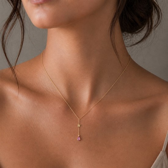 Pembe Taşlı Yıldız 14 Ayar Altın Minimal Kolye