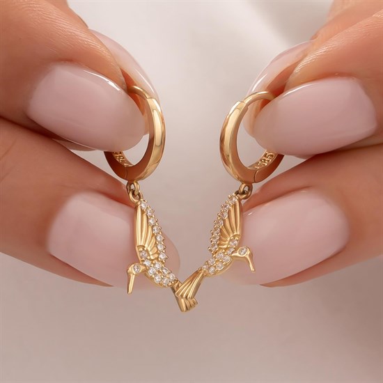 Sallantılı Taşlı Kuş Küpe 14 Ayar Altın