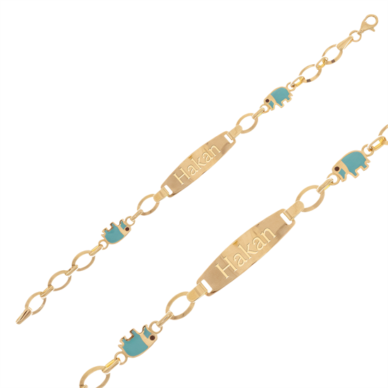 Fil Figürlü İsim Yazılabilir Çocuk Bileklik 14 Ayar Altın