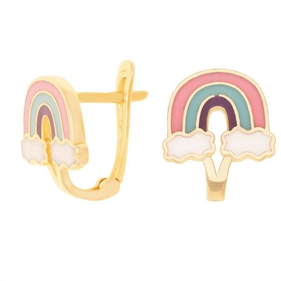 Gökkuşağı Renkli Mineli Klips Kilitli Çocuk Küpe 14 Ayar Altın