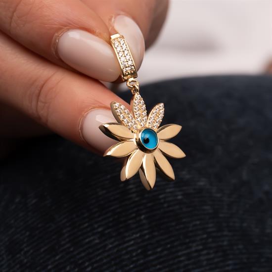 Göz Taşlı Papatya 14 Ayar Altın Charm Kolye Ucu