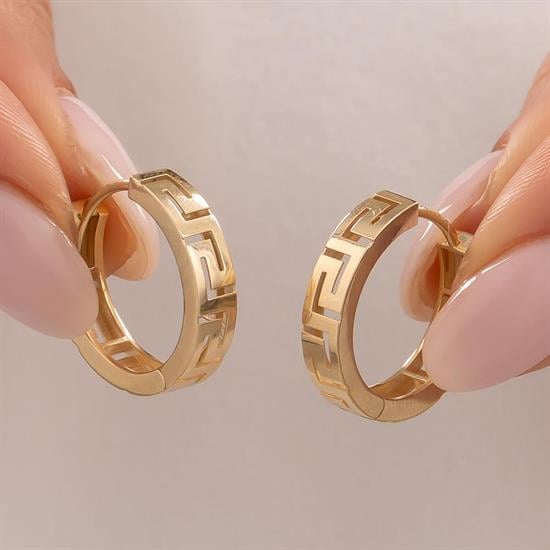 Grek Desenli Halka Küpe 14 Ayar Altın