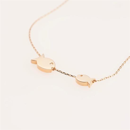 İki Balıklı Minimal Kolye 14 Ayar Altın