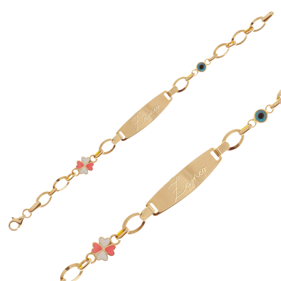 İsim Yazılabilir Çiçekli Çocuk Bileklik 14 Ayar Altın