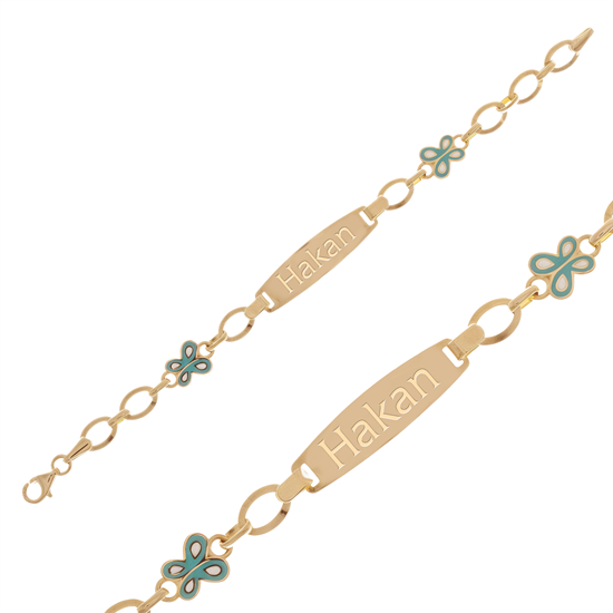 İsim Yazılabilir Kelebekli Çocuk Bileklik 14 Ayar Altın