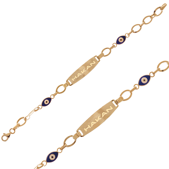 İsim Yazılabilir Nazar Boncuklu Çocuk Bileklik 14 Ayar Altın