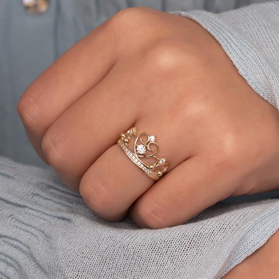 Kalp Detaylı Kral Tacı 14 Ayar Altın Yüzük