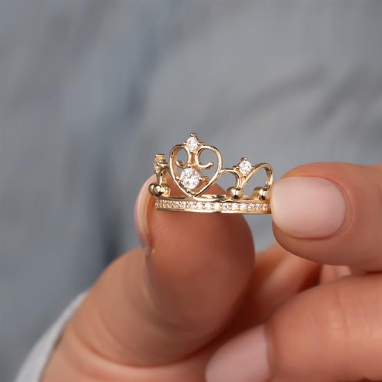 Kalp Detaylı Kral Tacı 14 Ayar Altın Yüzük