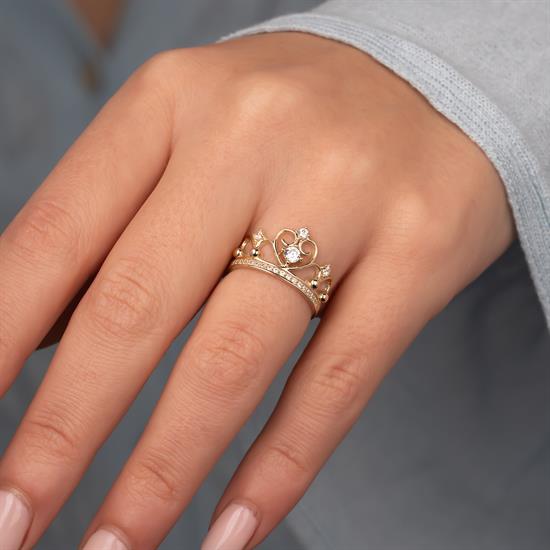 Kalp Detaylı Kral Tacı 14 Ayar Altın Yüzük