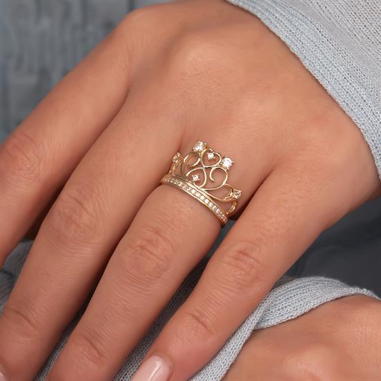 Kalp Detaylı Kral Tacı 14 Ayar Altın Yüzük