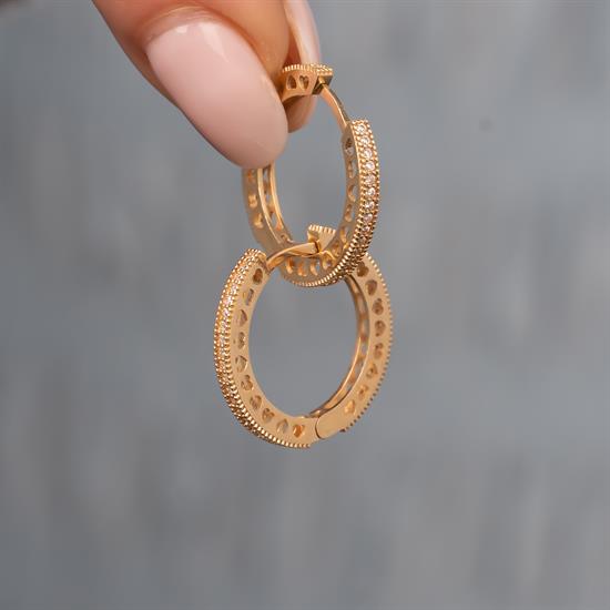 Kalp Detaylı Taşlı Halka Küpe 14 Ayar Altın