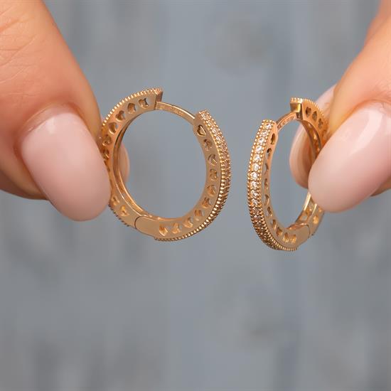 Kalp Detaylı Taşlı Halka Küpe 14 Ayar Altın