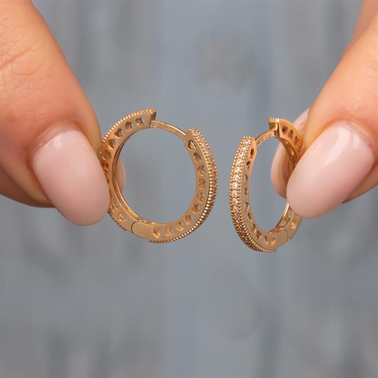 Kalp Detaylı Taşlı Halka Küpe 14 Ayar Altın