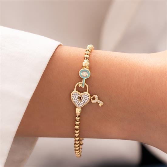 Kalp Kilit Mavi Mineli 14 Ayar Altın Bileklik