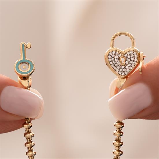 Kalp Kilit Mavi Mineli 14 Ayar Altın Bileklik