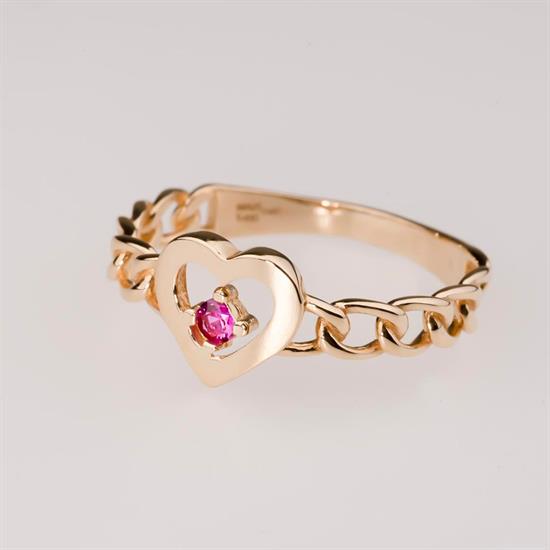 Kalp Zincir Kırmızı Taşlı 14 Ayar Altın Yüzük