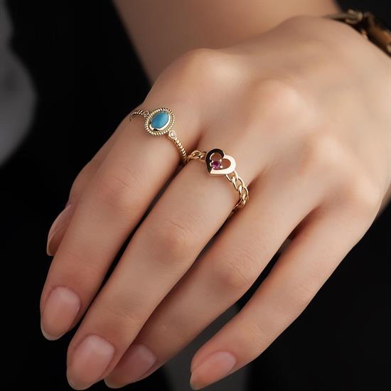 Kalp Zincir Kırmızı Taşlı 14 Ayar Altın Yüzük