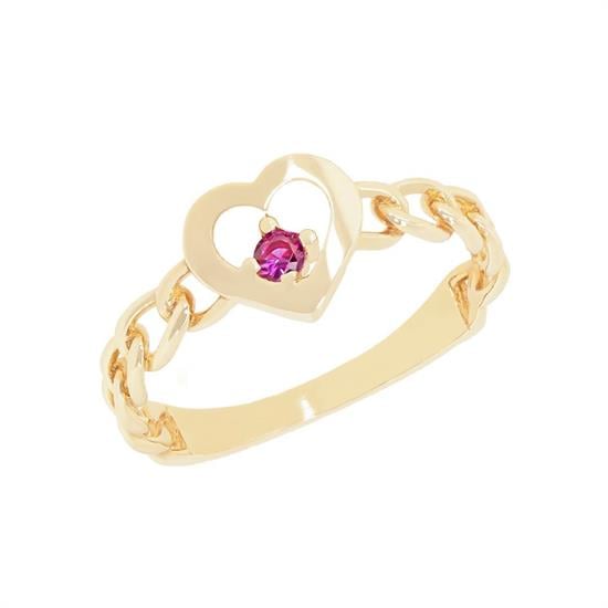 Kalp Zincir Kırmızı Taşlı 14 Ayar Altın Yüzük