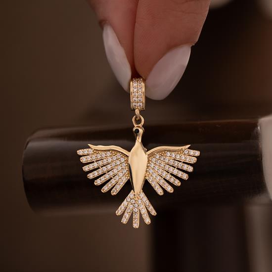 Kanatları Taşlı Kuş 14 Ayar Kolye Ucu