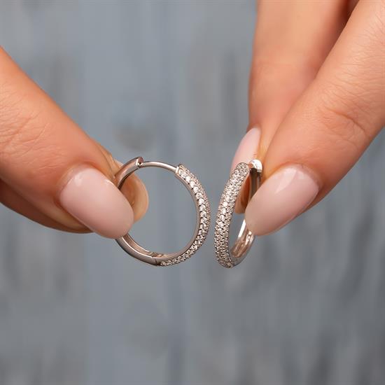 Kenarı Taşlı Halka Küpe 14 Ayar Beyaz Altın