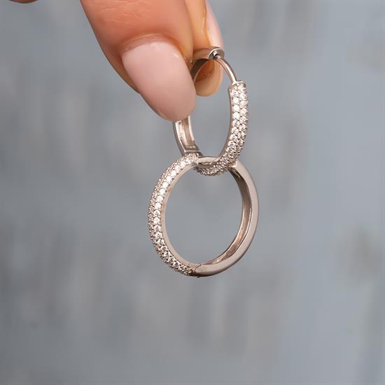 Kenarı Taşlı Halka Küpe 14 Ayar Beyaz Altın