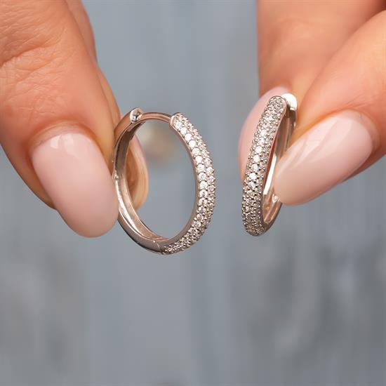 Kenarı Taşlı Halka Küpe 14 Ayar Beyaz Altın