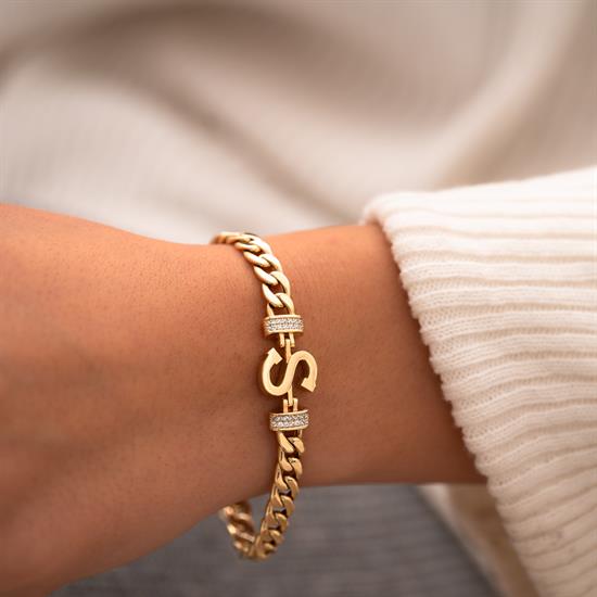 Kenarları Taşlı S Harfli 14 Ayar Altın Bileklik