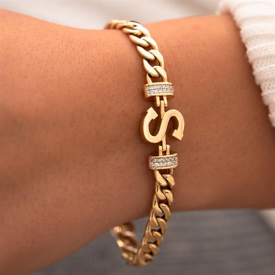 Kenarları Taşlı S Harfli 14 Ayar Altın Bileklik