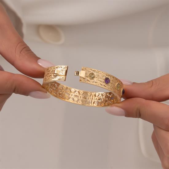 Renkli Taşlı 14 Ayar Altın Kelepçe