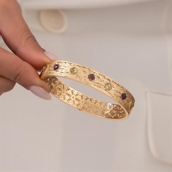 Renkli Taşlı 14 Ayar Altın Kelepçe