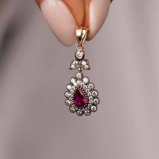 Kırmızı Damla Taşlı 14 Ayar Altın Kolye Ucu